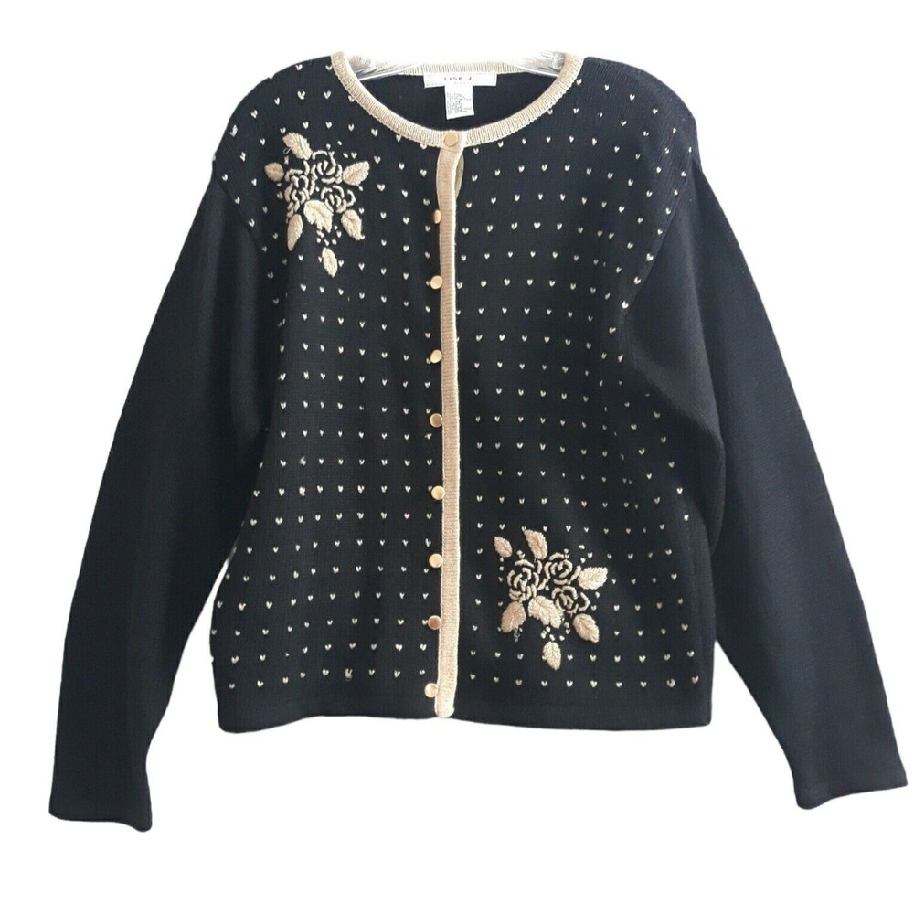 Lise J Cardigan Sweater Women Medium Black Gold Metallic Embroidery